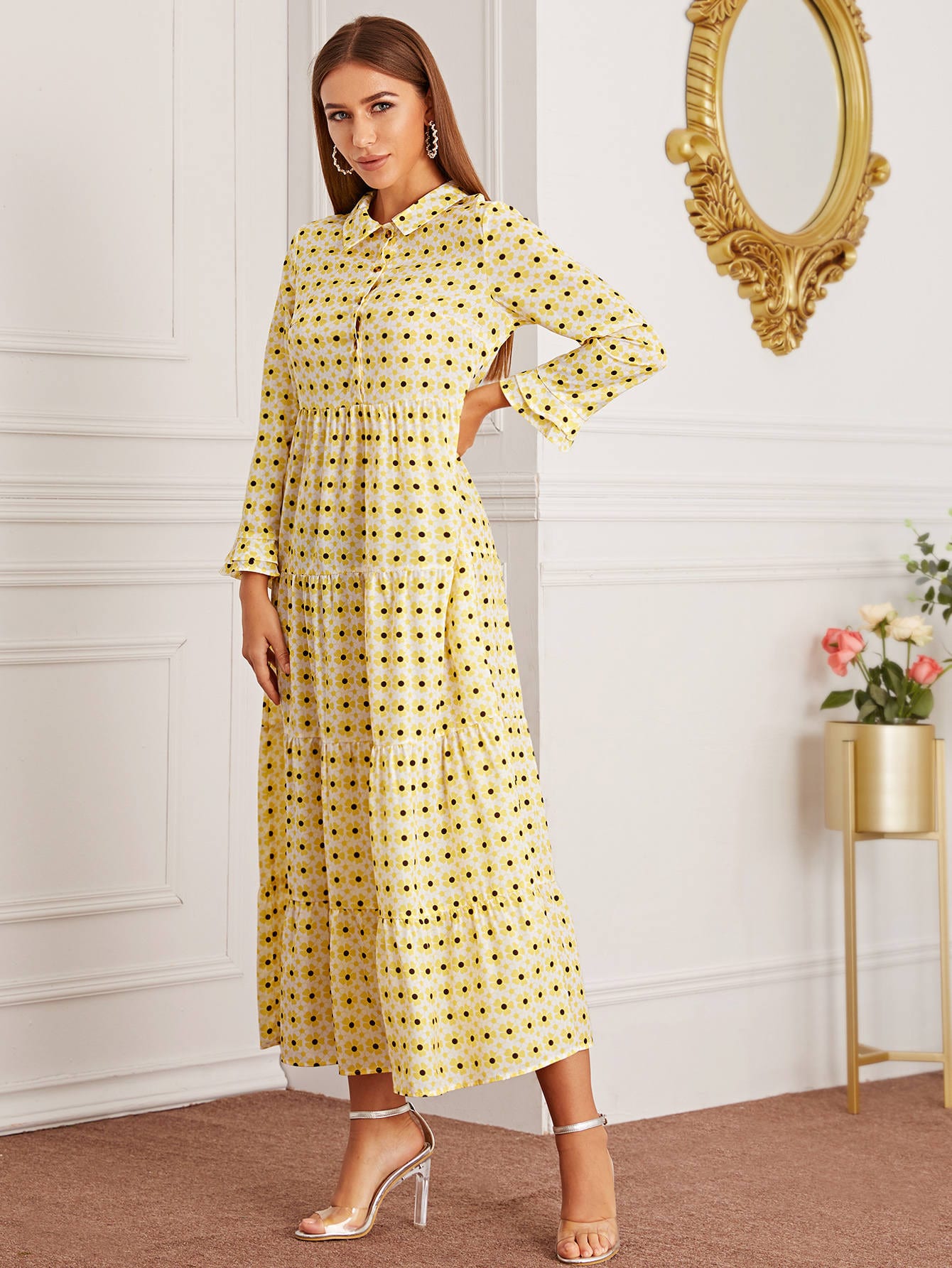 Allover Floral Print Quarter Button Shirt Dress