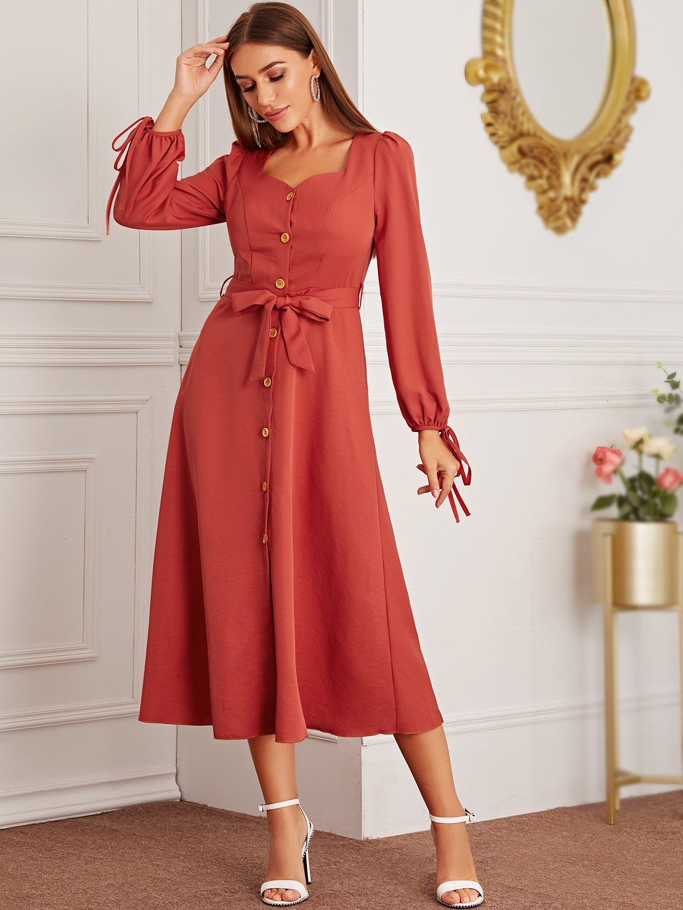 Sweetheart Neck Knot Cuff Self Tie Dress
