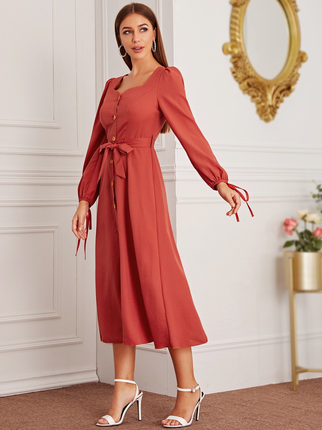 Sweetheart Neck Knot Cuff Self Tie Dress