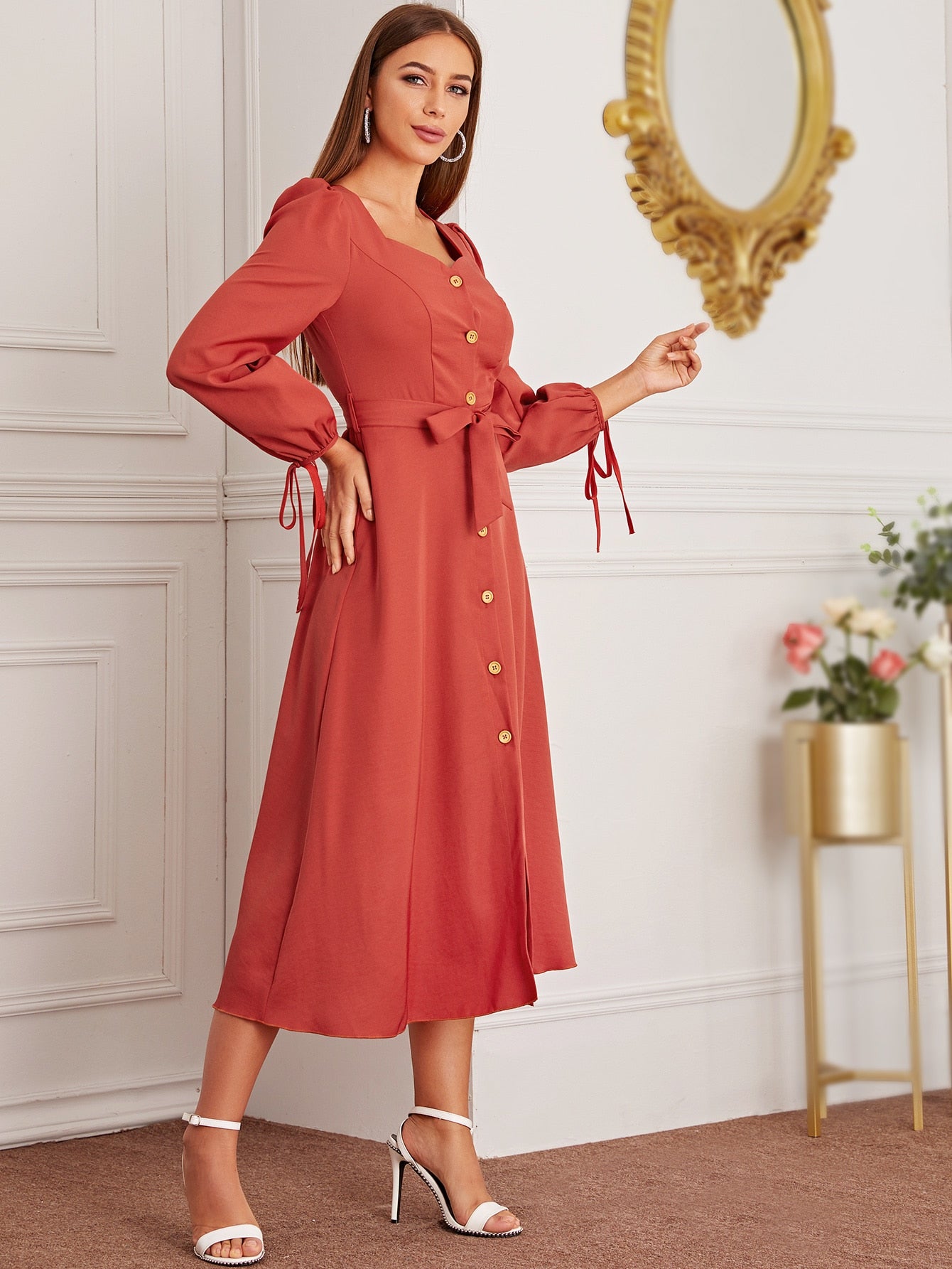 Sweetheart Neck Knot Cuff Self Tie Dress