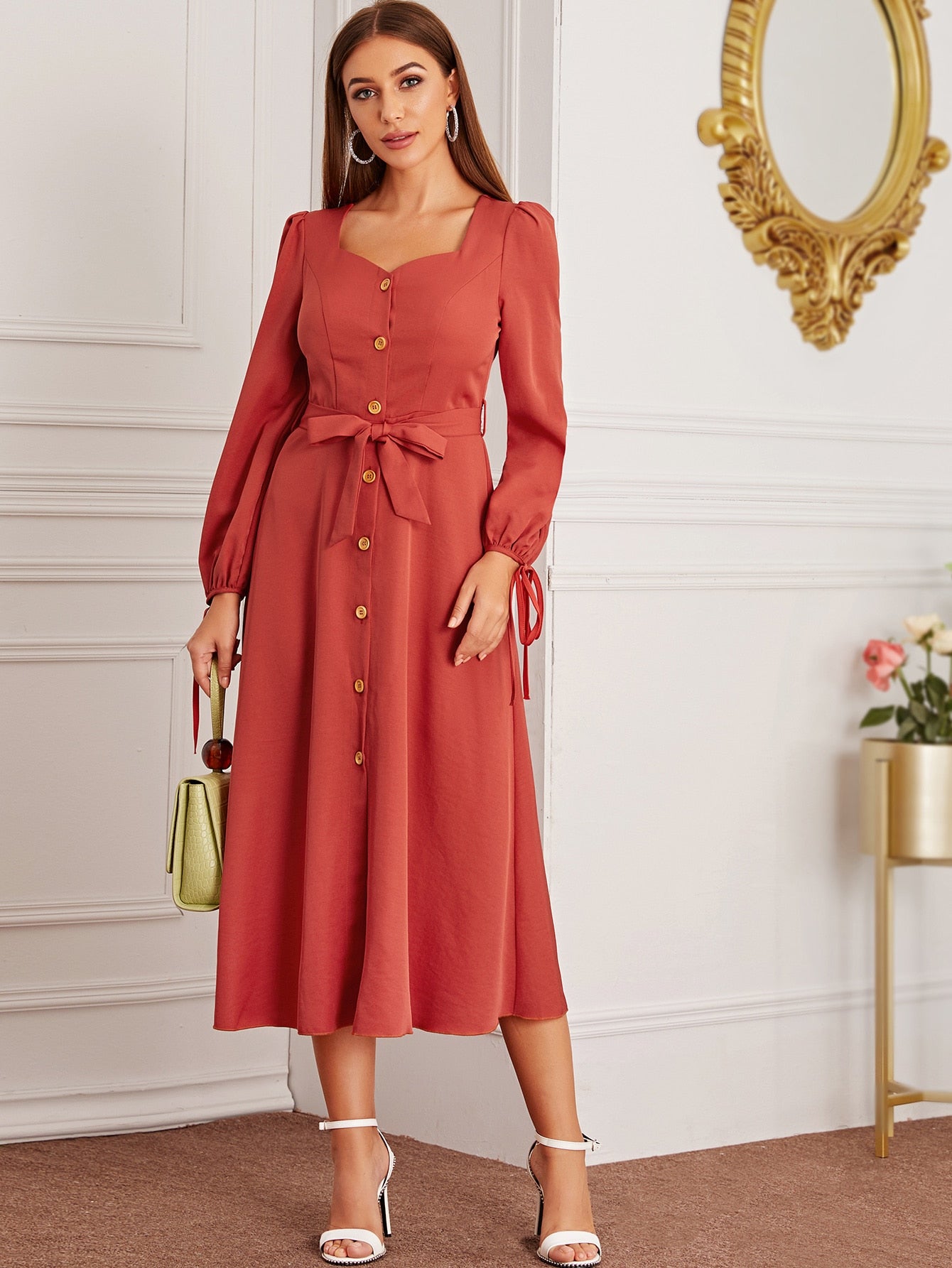 Sweetheart Neck Knot Cuff Self Tie Dress
