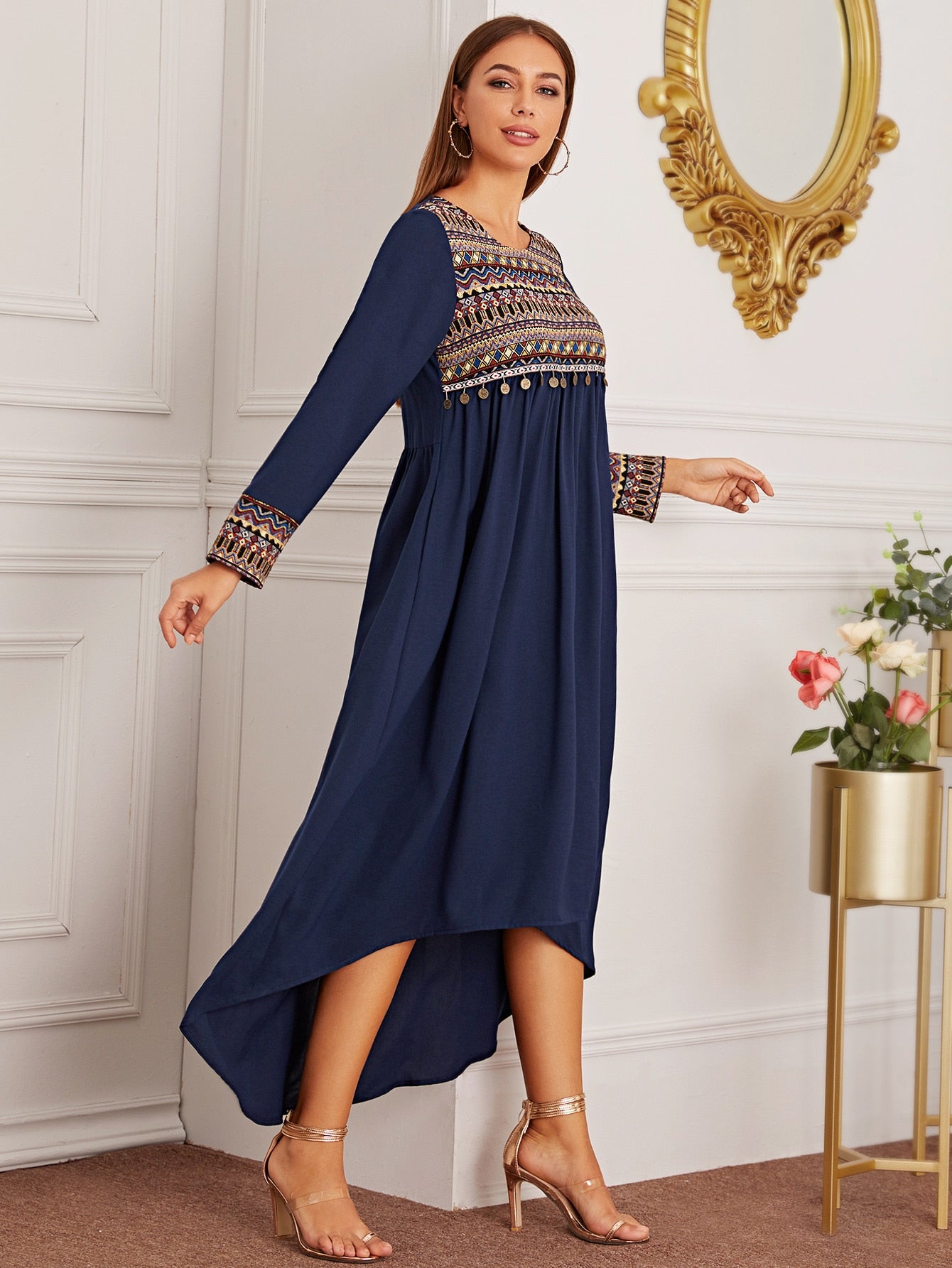 Contrast Tribal Panel Metal Disc Pendant A-line Dress