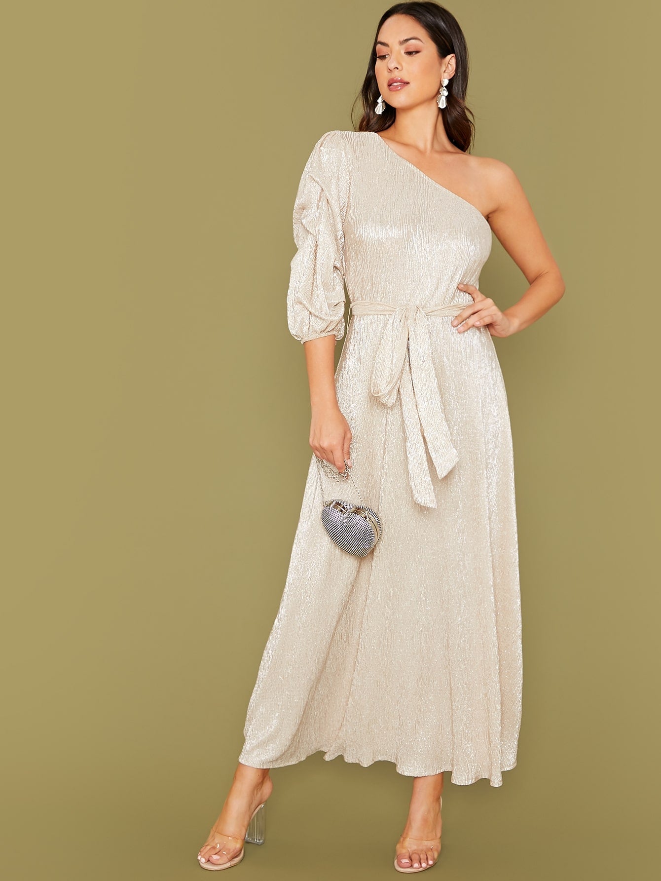 One Shoulder Lantern Sleeve Metallic Belted Dress