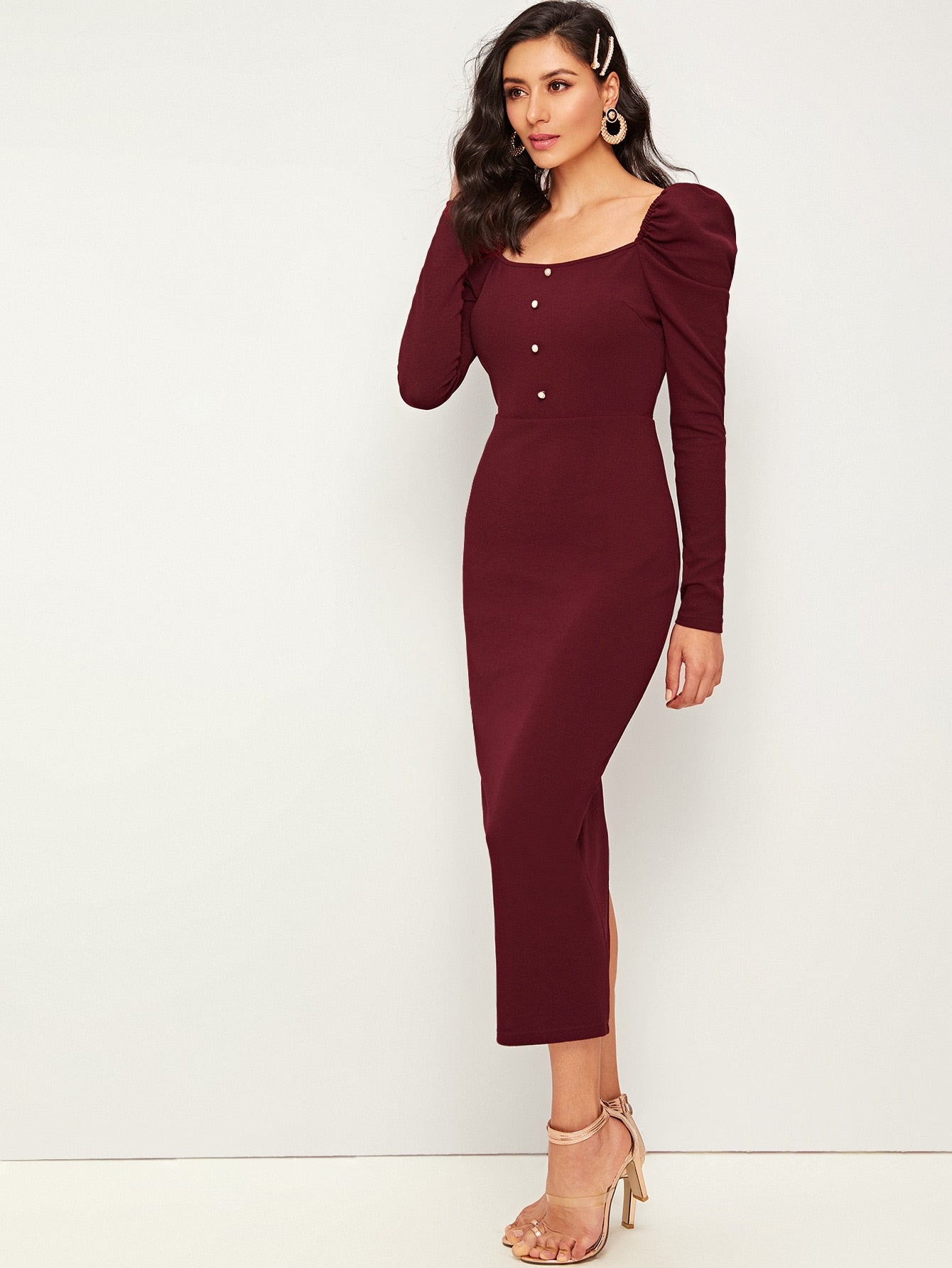 Button Front Leg-of-mutton Sleeve Split Back Pencil Dress