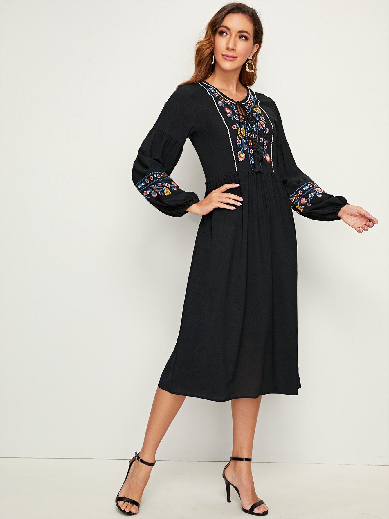 Floral Embroidered Tassel Tie A-line Dress