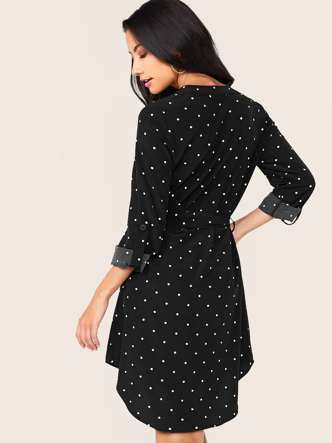 Notch Neck Roll Tab Sleeve Polka Dot Dress