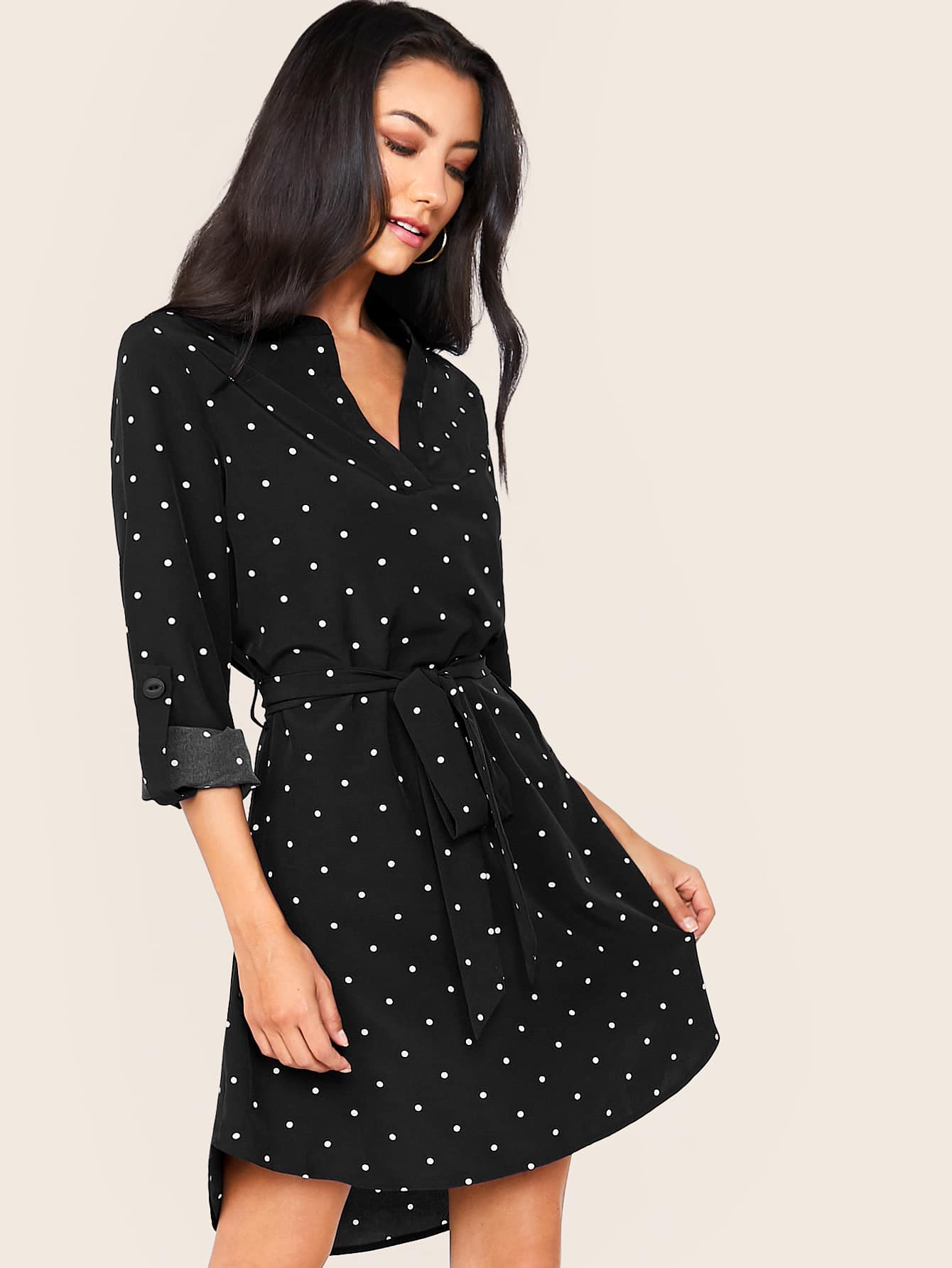 Notch Neck Roll Tab Sleeve Polka Dot Dress