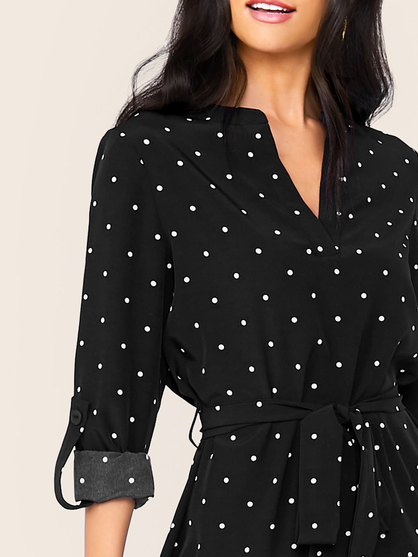 Notch Neck Roll Tab Sleeve Polka Dot Dress
