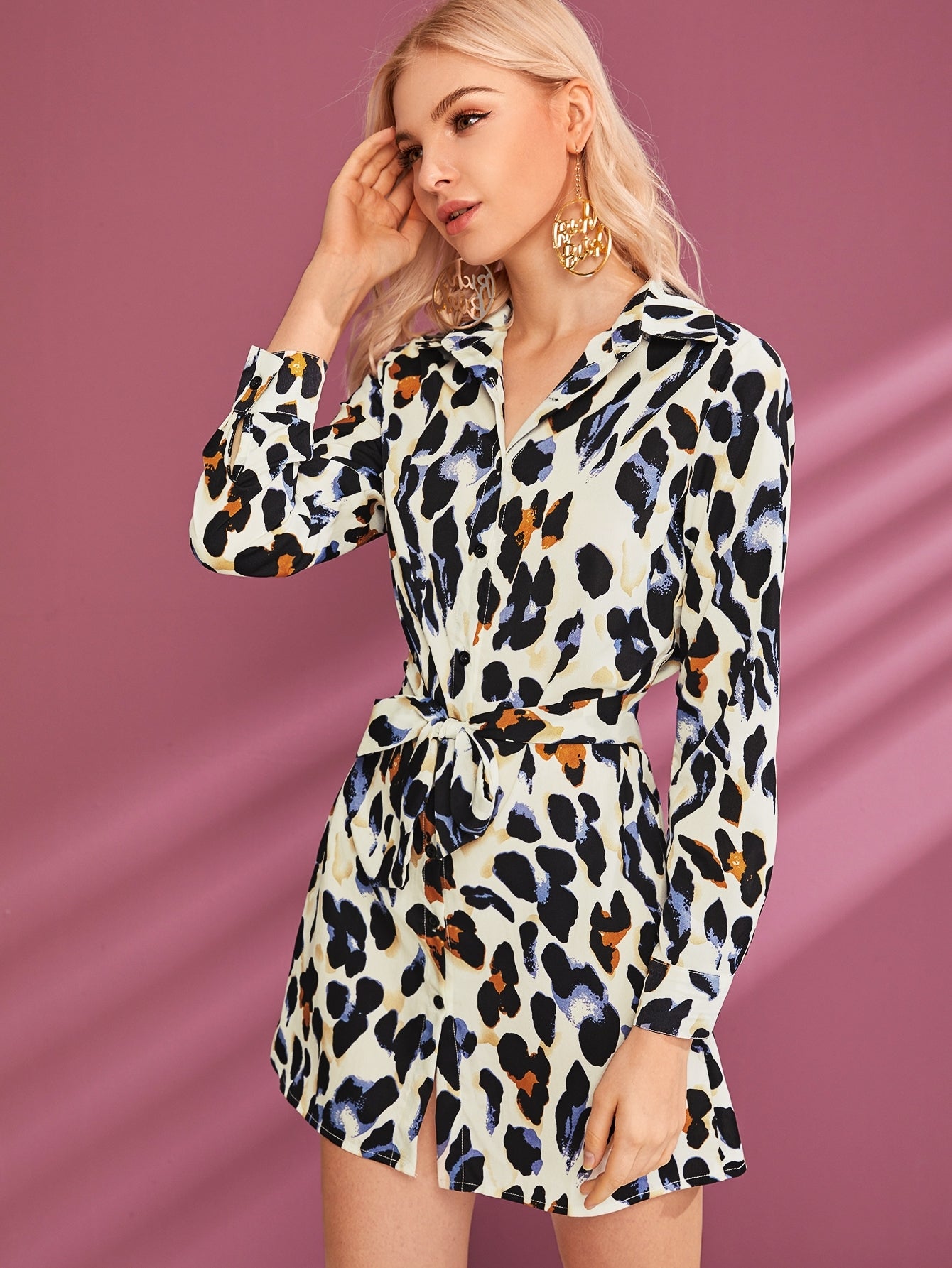 Leopard Print Self Tie Shirt Dress