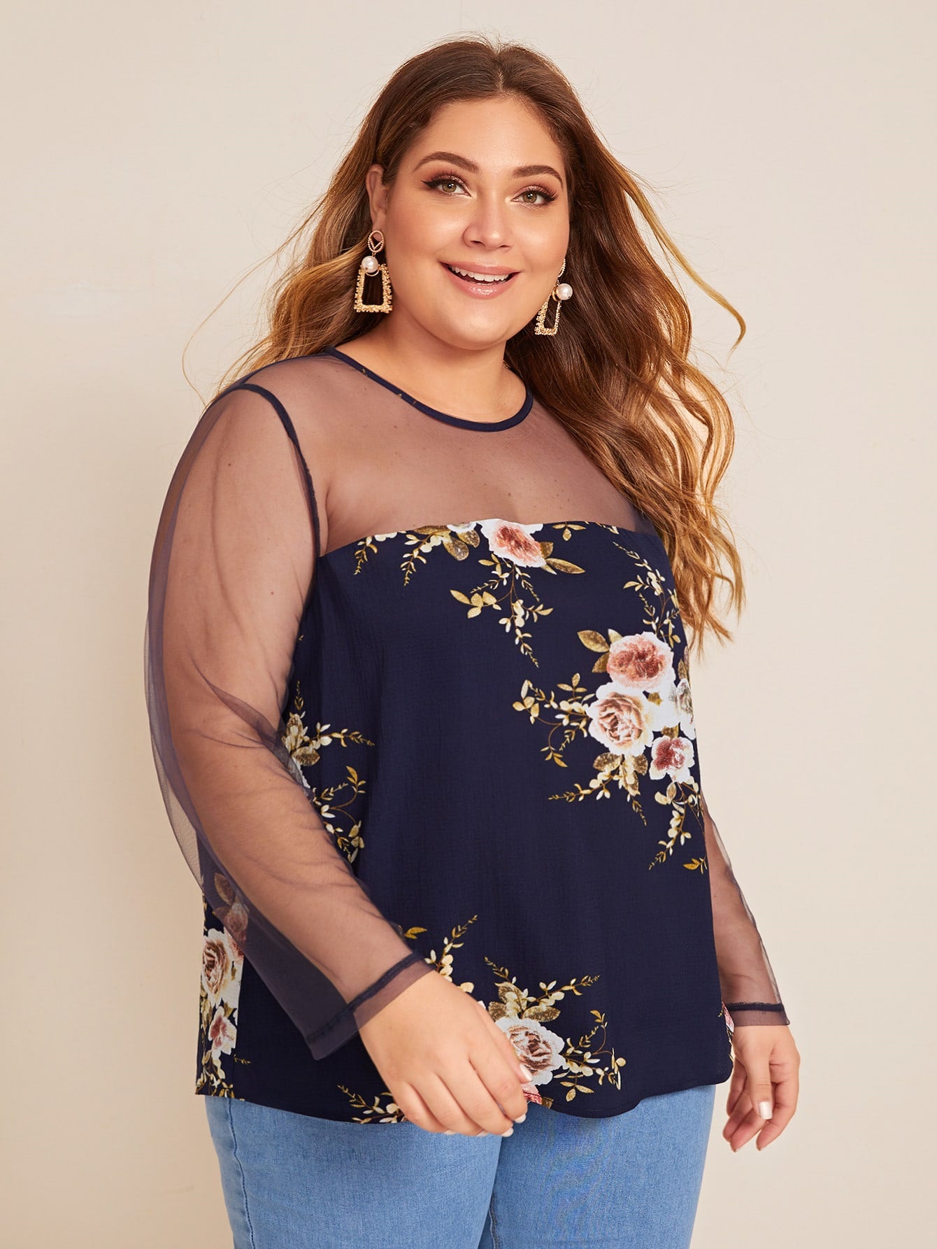 Plus Mesh Sheer Yoke Botanical Print Top