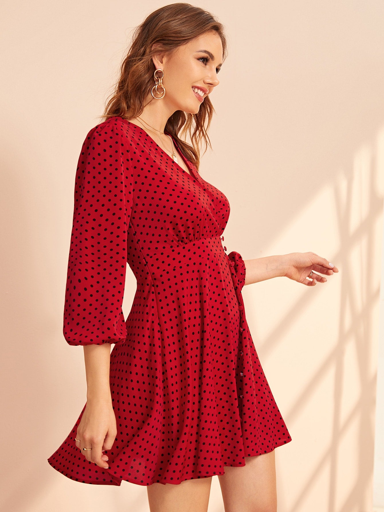 Surplice Neck Buttoned Detail Polka Dot Dress