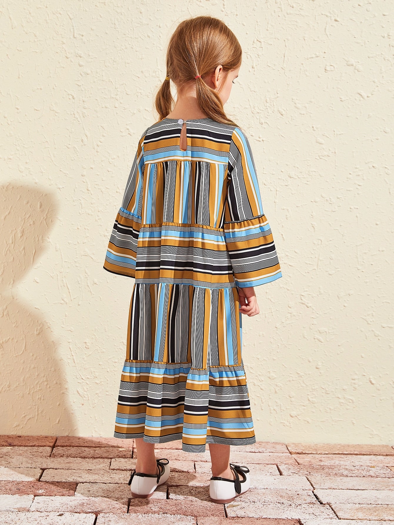 Toddler Girls Striped Flounce Sleeve Ruffle Hem Smock Dress