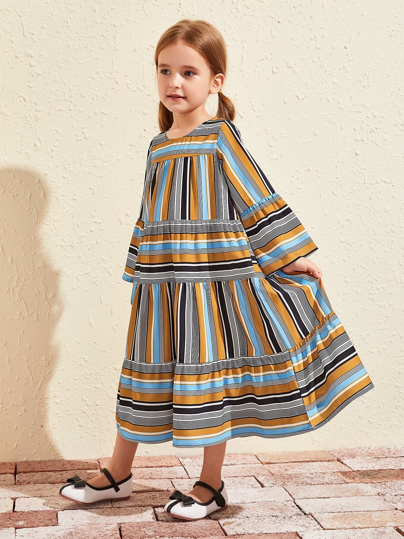 Toddler Girls Striped Flounce Sleeve Ruffle Hem Smock Dress