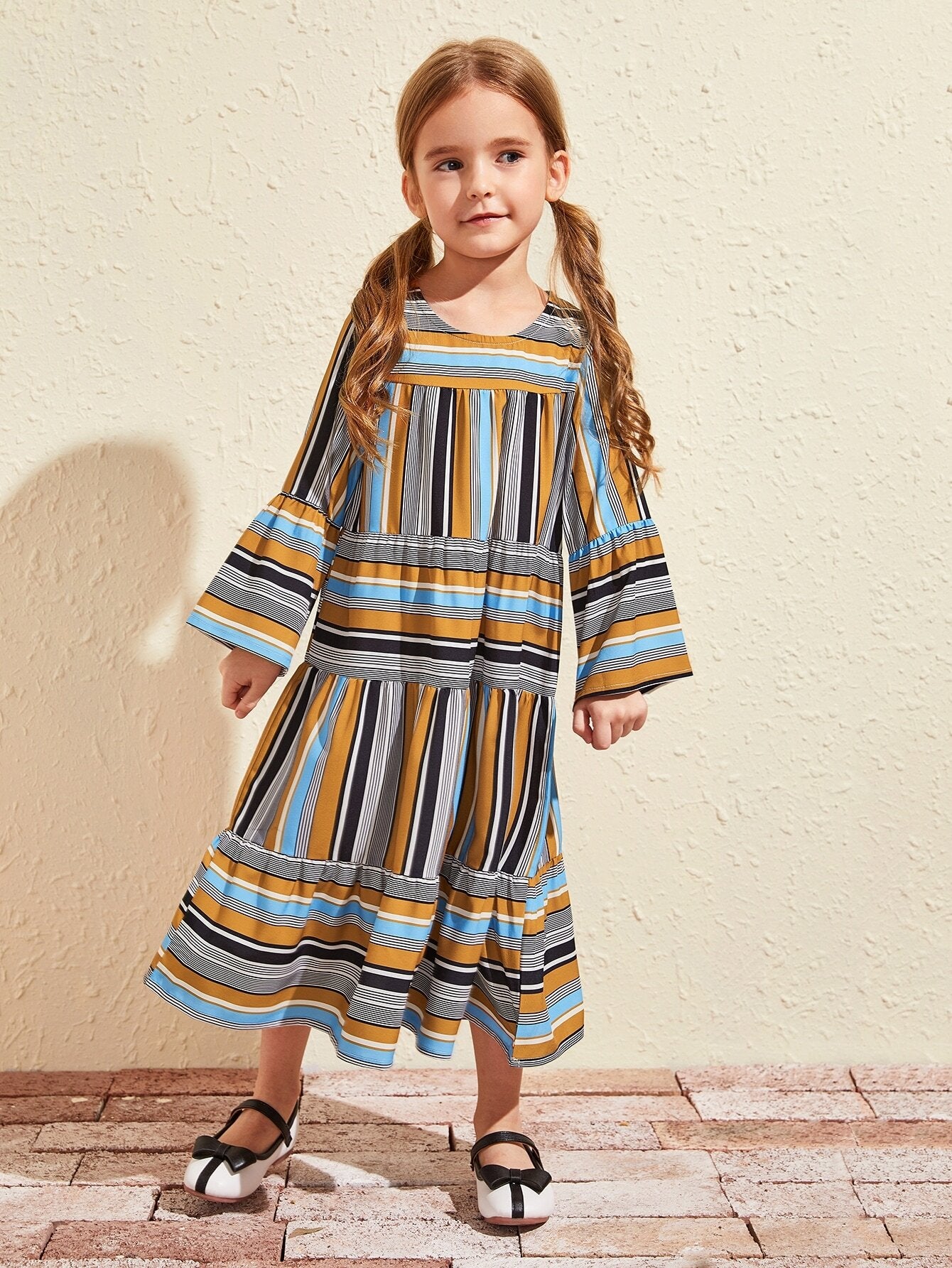 Toddler Girls Striped Flounce Sleeve Ruffle Hem Smock Dress
