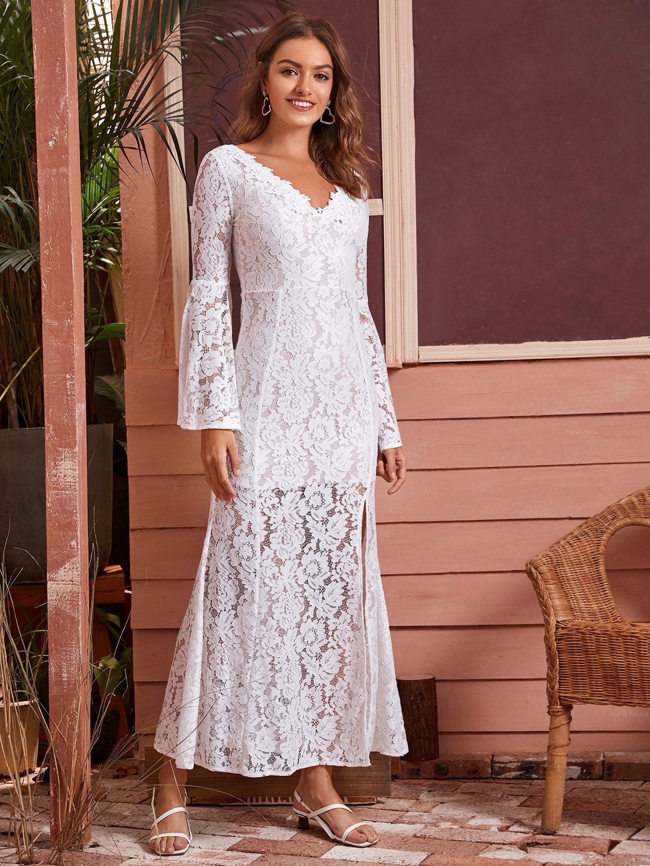 Lace Split Fishtail Hem V Back Dress