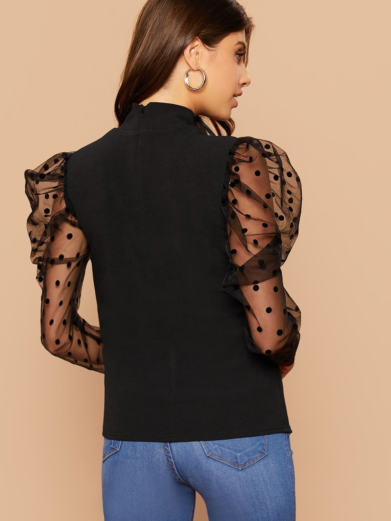 Dobby Mesh Gigot Sleeve Mock-neck Slim Top