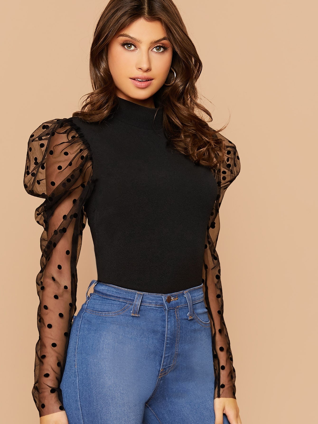 Dobby Mesh Gigot Sleeve Mock-neck Slim Top