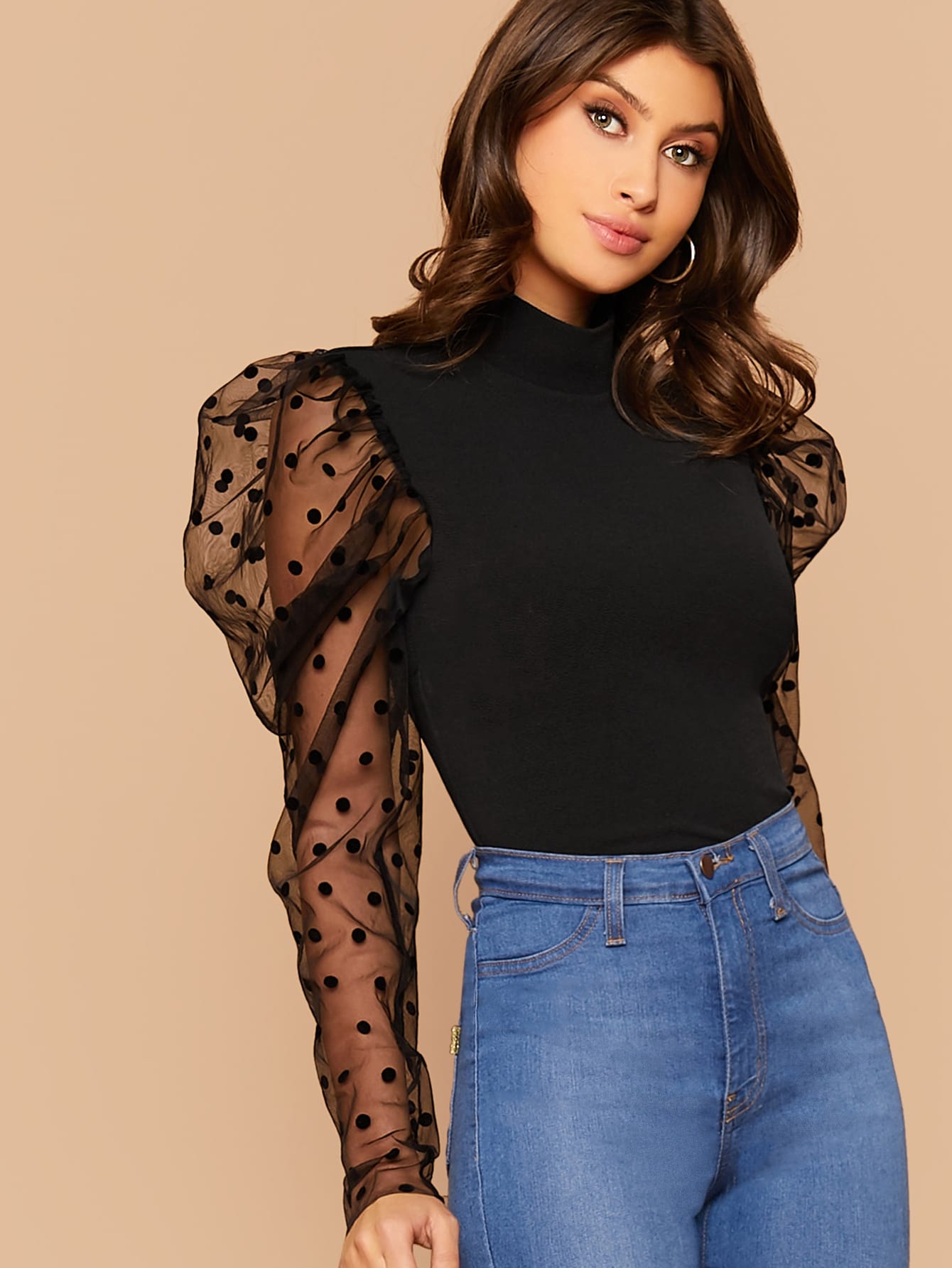 Dobby Mesh Gigot Sleeve Mock-neck Slim Top