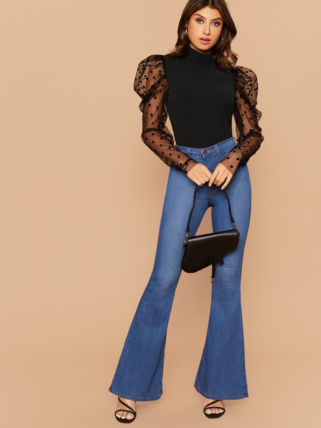 Dobby Mesh Gigot Sleeve Mock-neck Slim Top