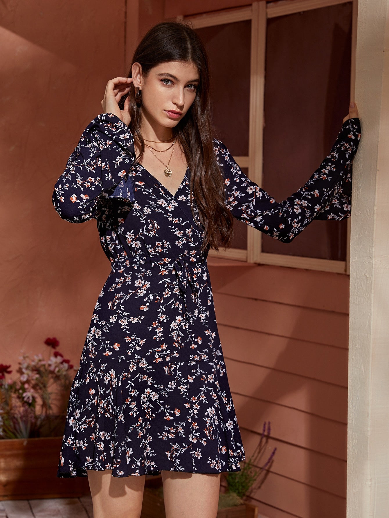 Surplice Neck Ruffle Hem Ditsy Floral Dress | Amy's Cart Singapore