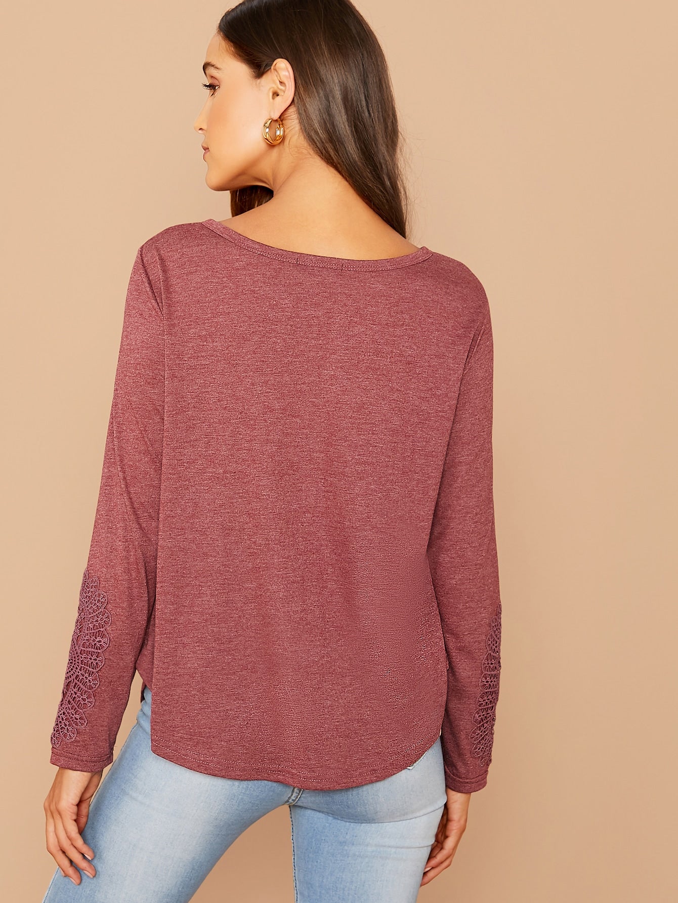 Button Front Curved Hem Lace Detail Tee