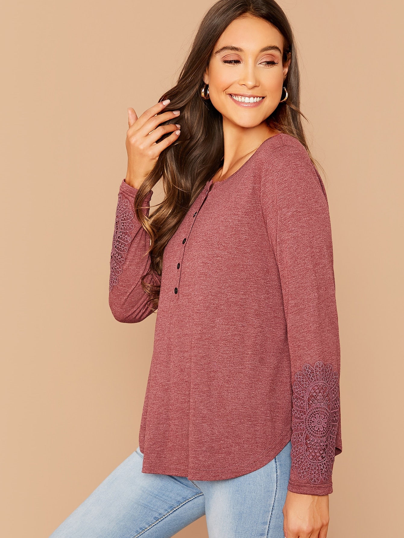 Button Front Curved Hem Lace Detail Tee