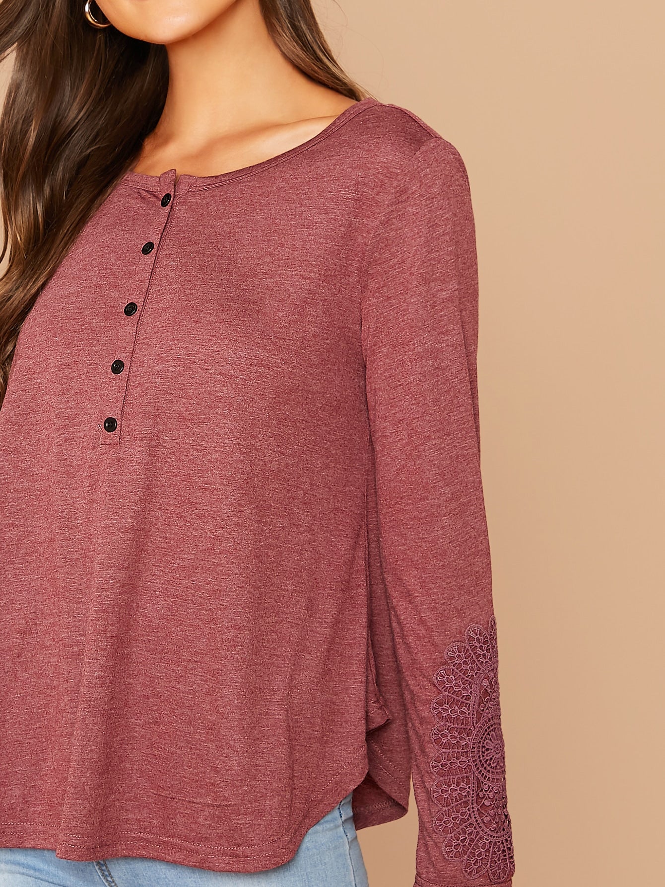 Button Front Curved Hem Lace Detail Tee