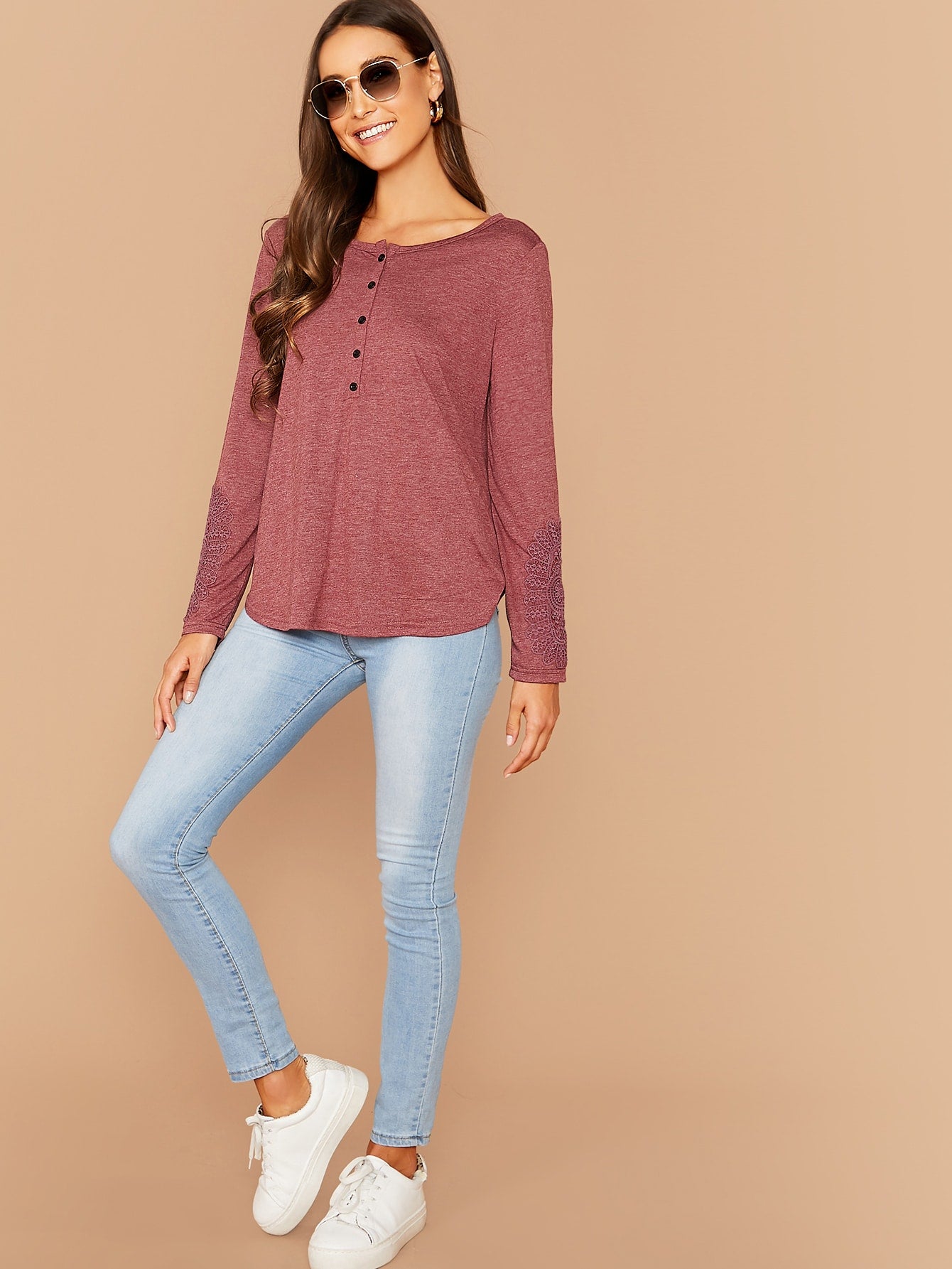 Button Front Curved Hem Lace Detail Tee