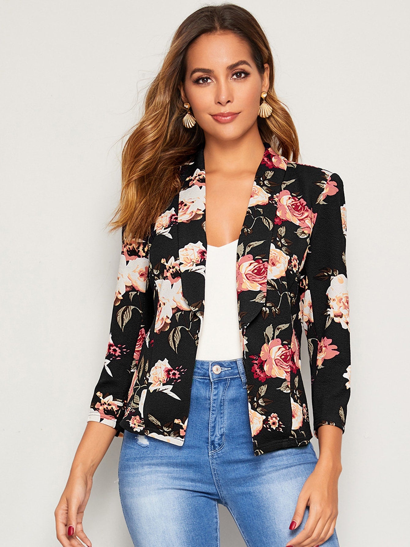 Floral Print Shawl Collar Blazer