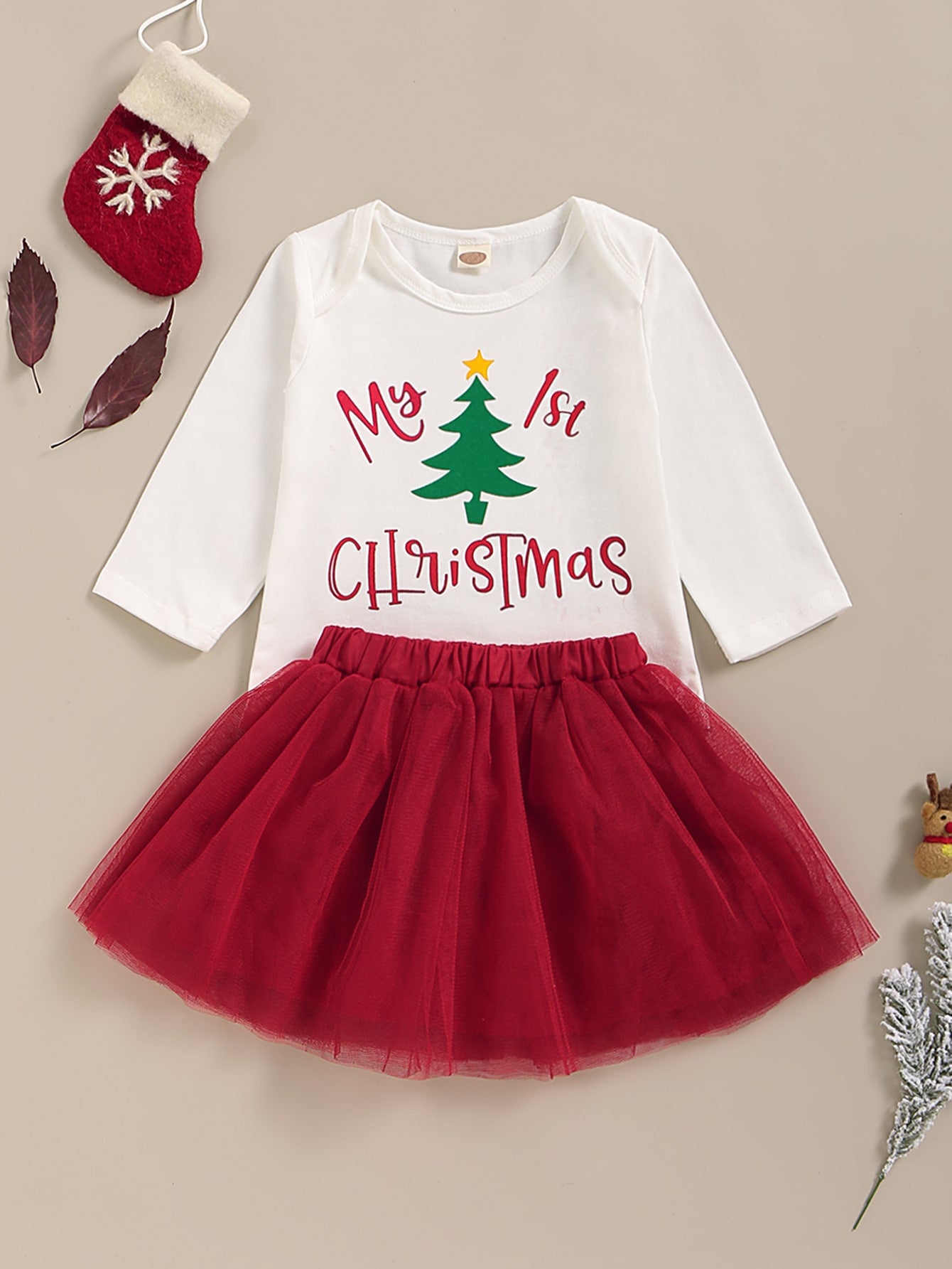 Baby Girl Christmas New Year Print Romper With Mesh Skirt