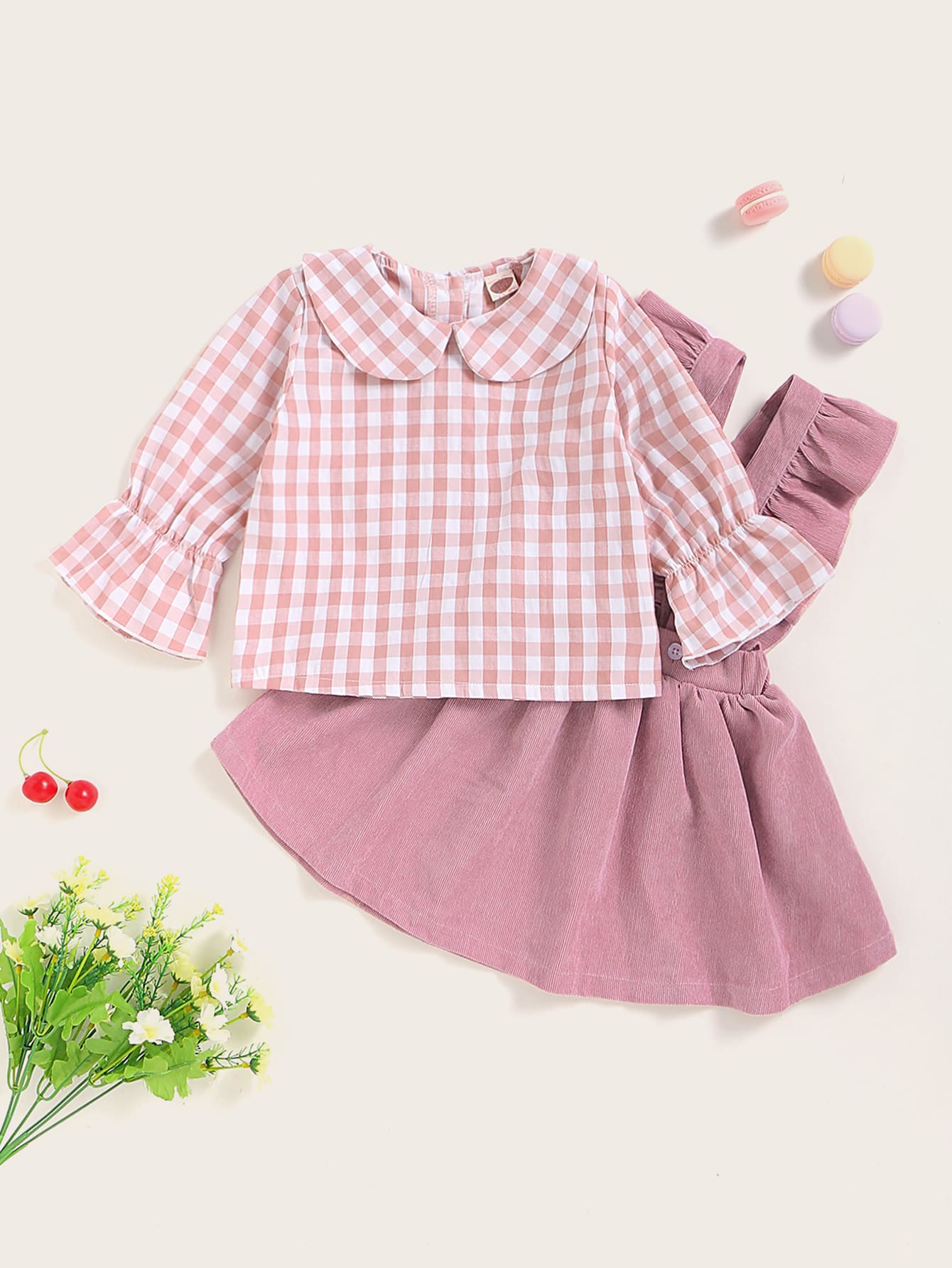 Baby Girl Gingham Blouse & Ruffle Trim Corduroy Suspender Skirt