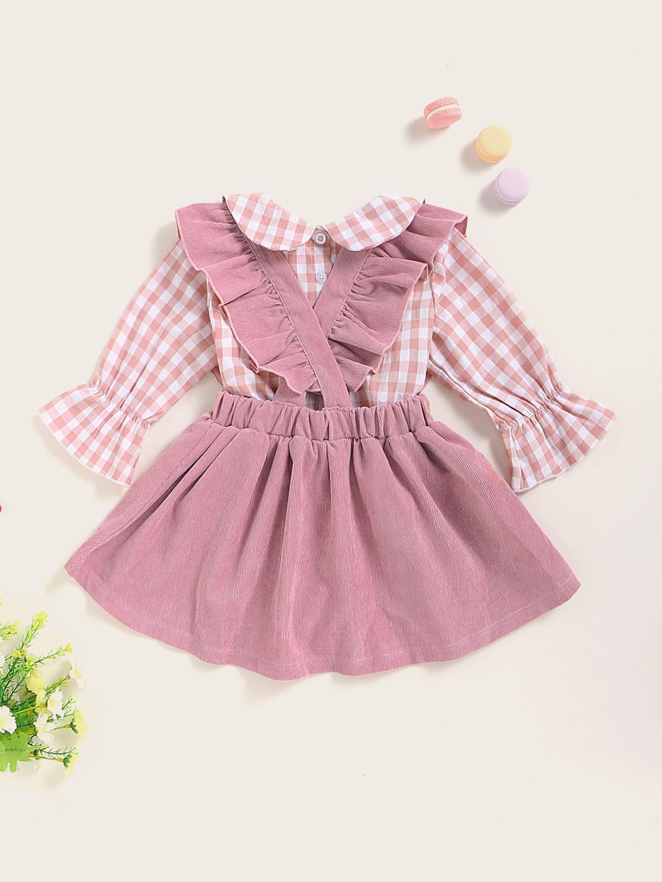 Baby Girl Gingham Blouse & Ruffle Trim Corduroy Suspender Skirt