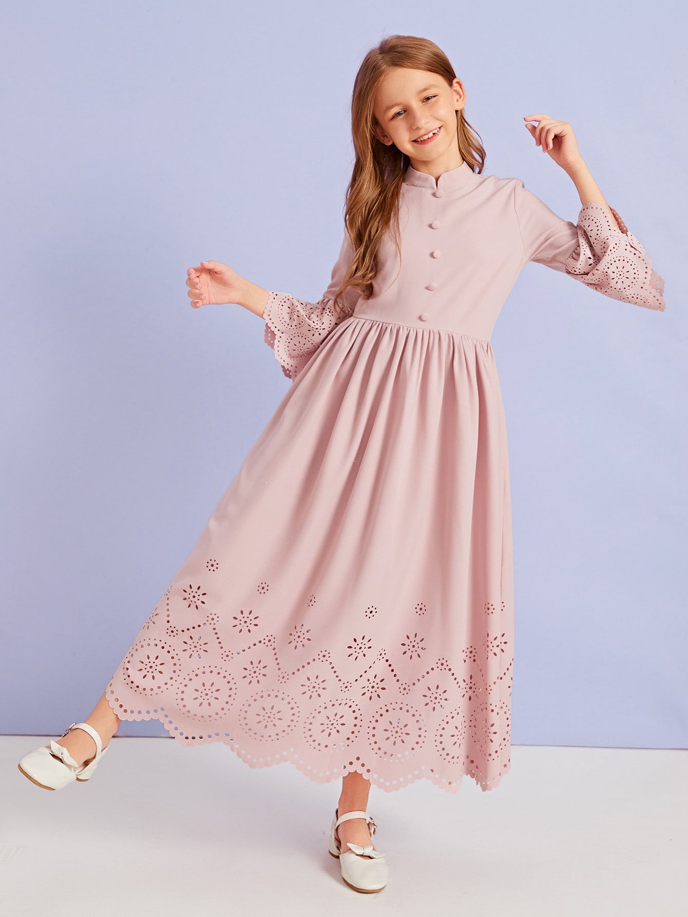 Girls Buttoned Front Laser Cut Hem Dress