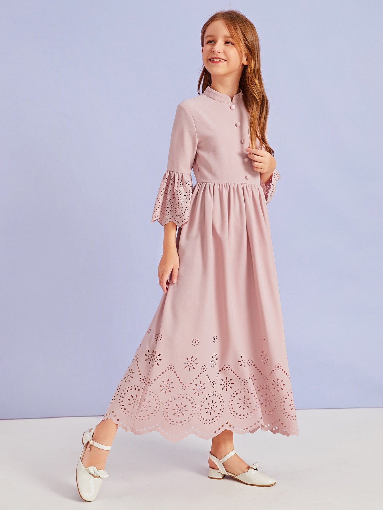 Girls Buttoned Front Laser Cut Hem Dress