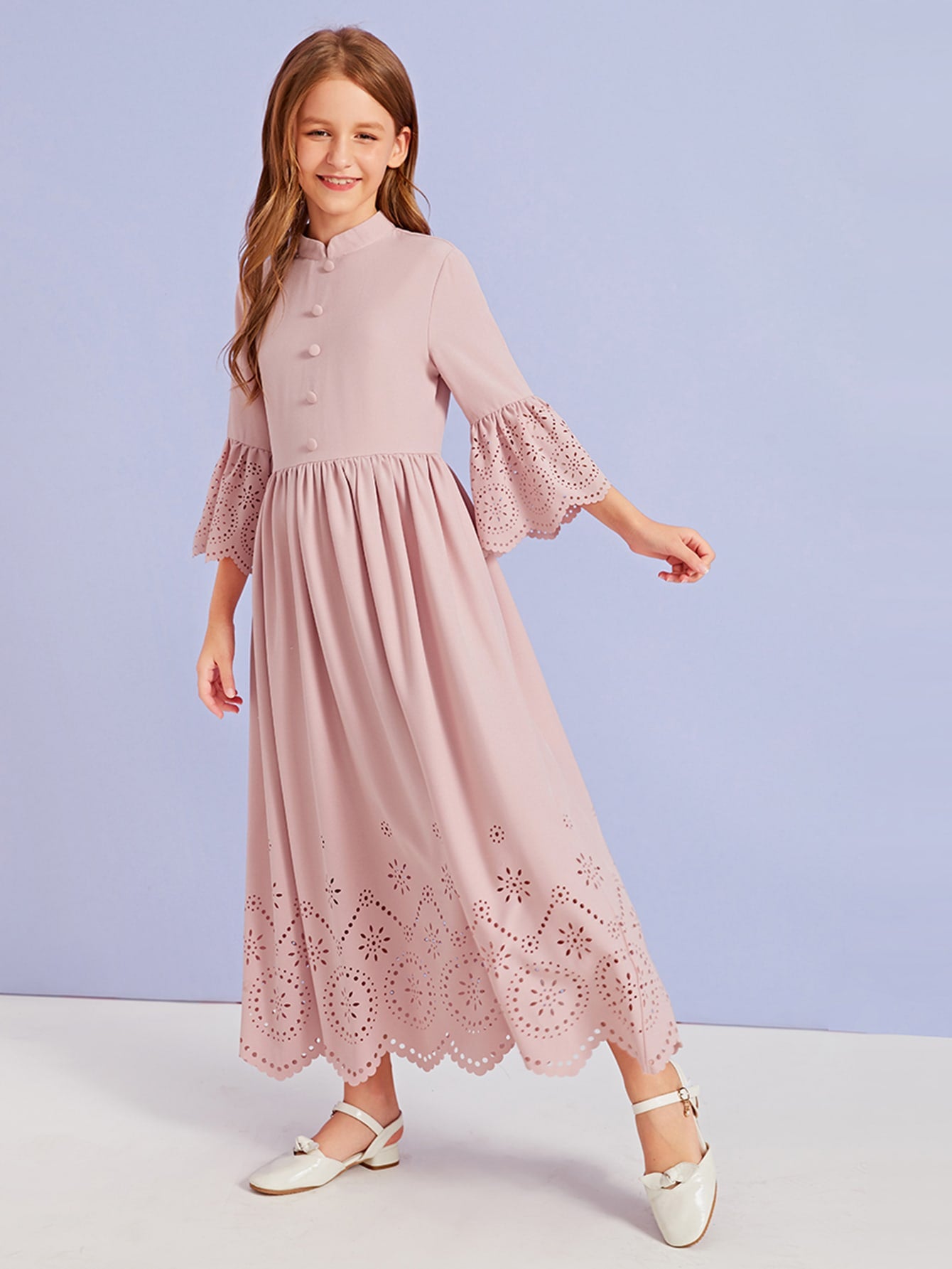 Girls Buttoned Front Laser Cut Hem Dress