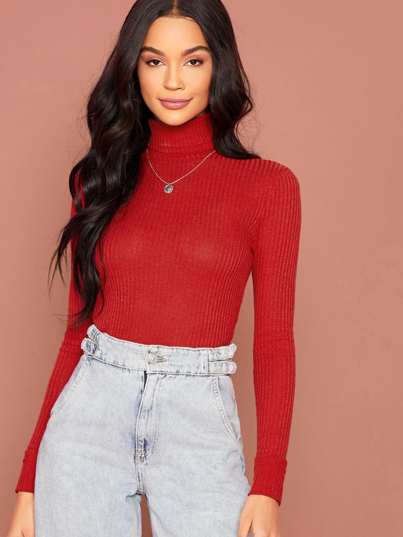 Turtle Neck Rib-knit Fitted Tee