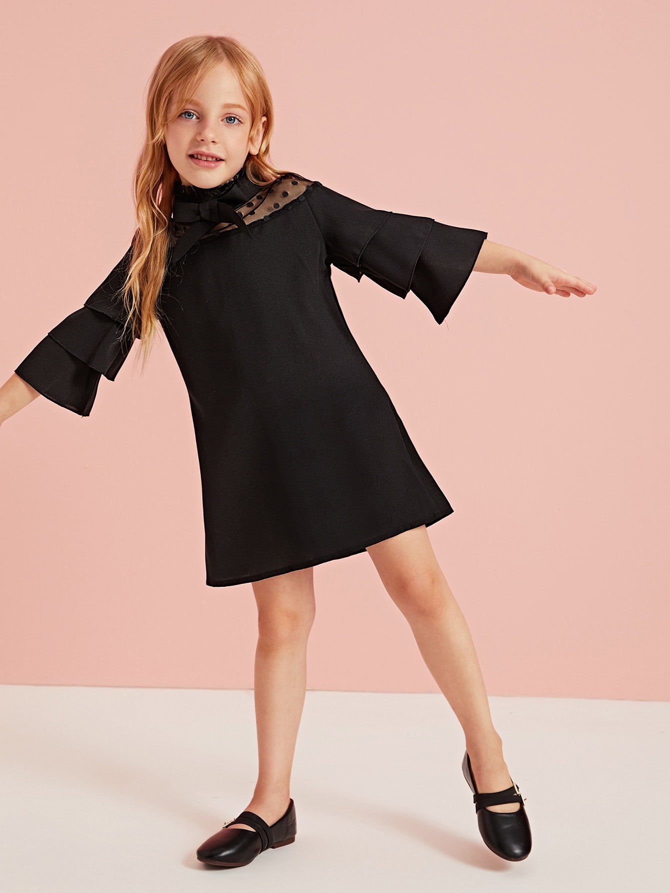 Toddler Girls Dobby Mesh Panel Tie Neck Tunic Dress