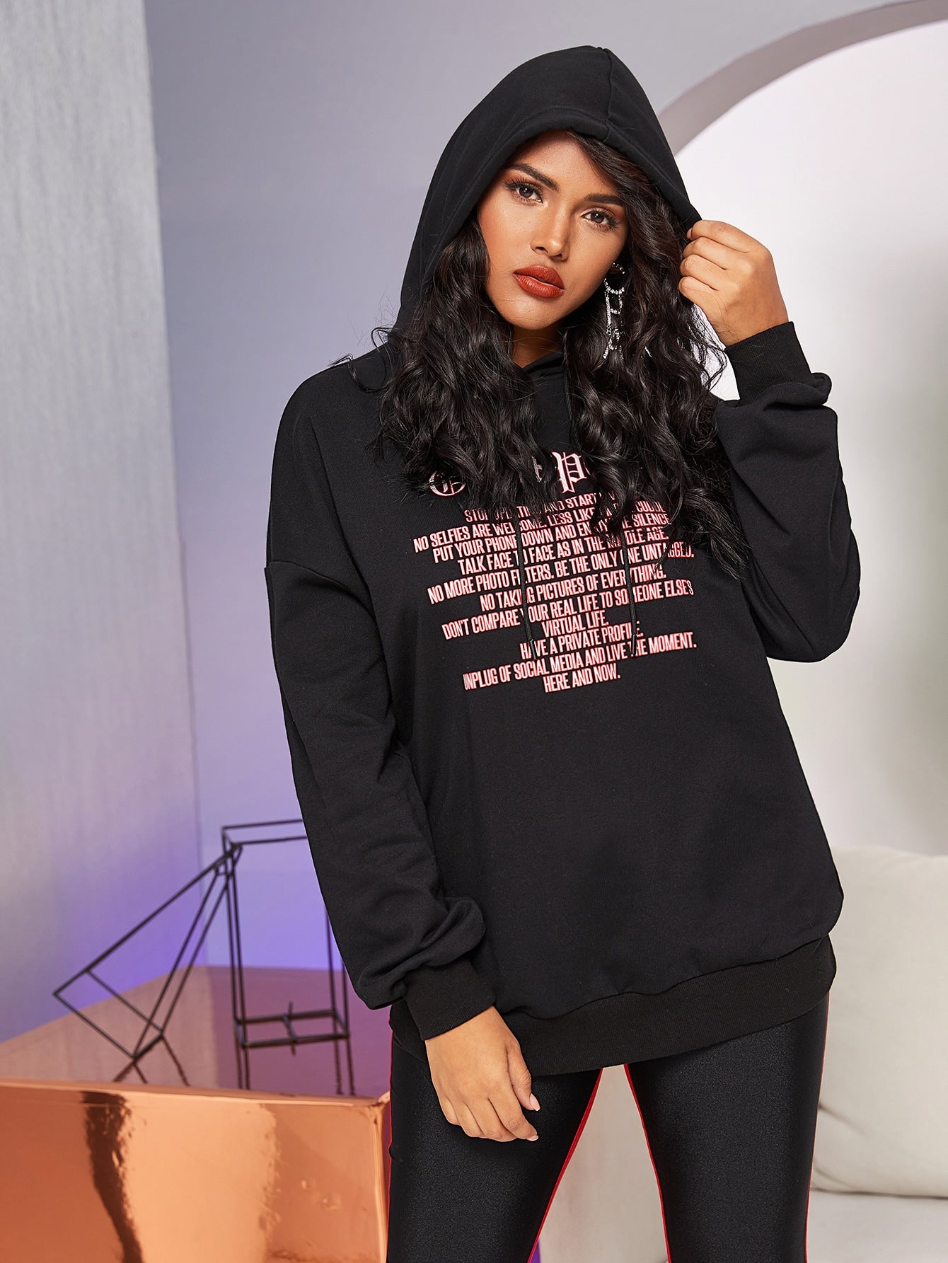 Drop Shoulder Slogan Graphic Hoodie