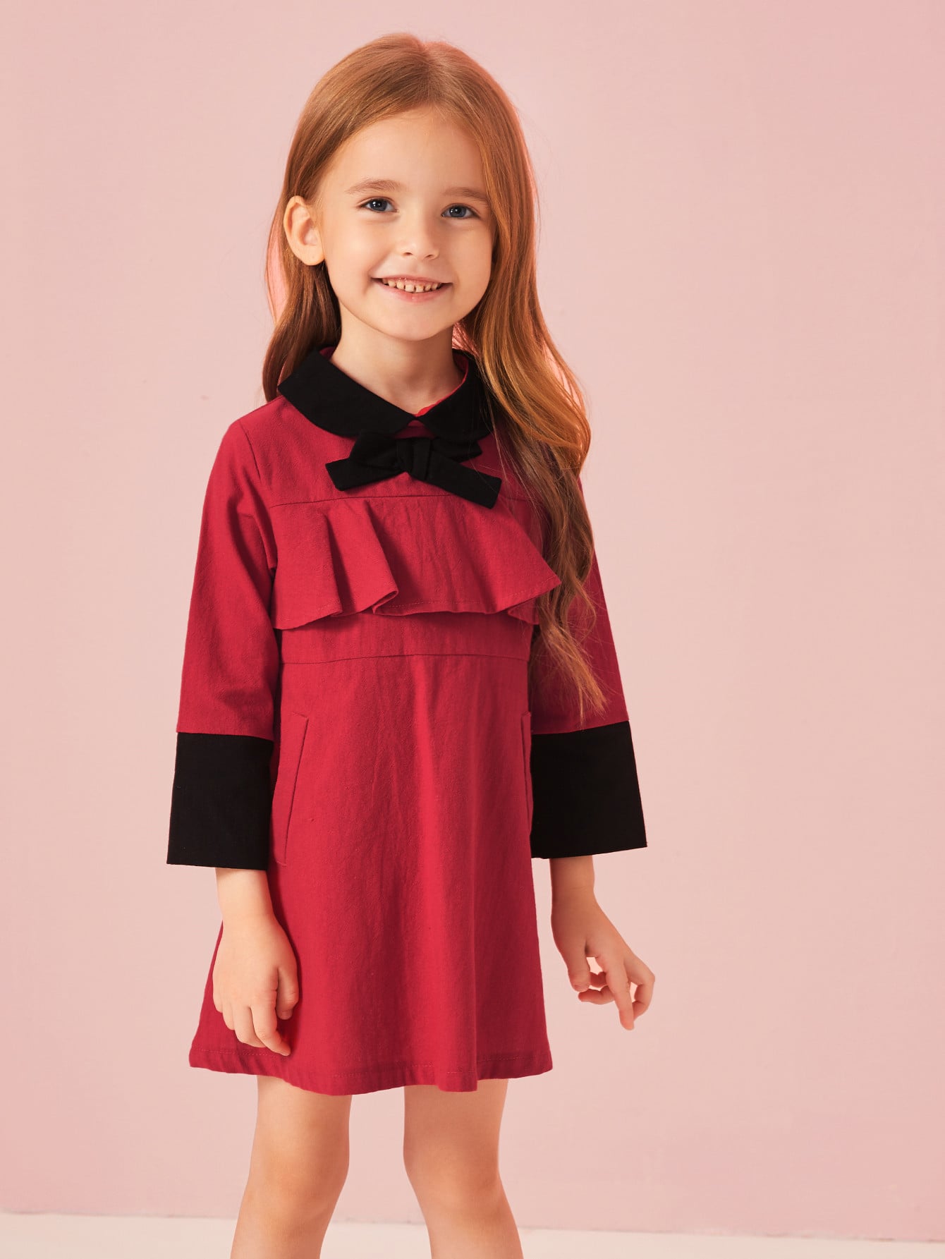 Toddler Girls Contrast Panel Ruffle Trim A-line Dress