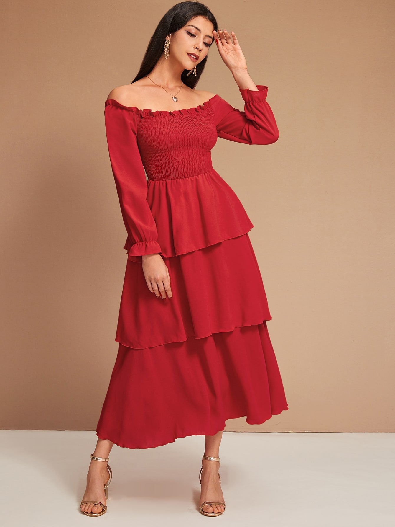 Frill Shirred Layered Hem Bardot A-line Dress Amy's Cart Frill Shirred Layered Hem Bardot A-line Dress Amy's Cart