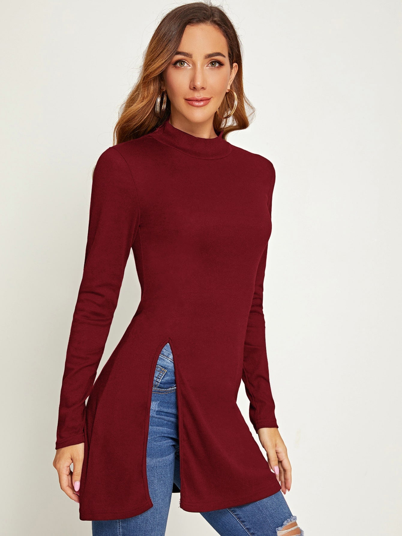 Solid Mock Neck Split Hem Tee