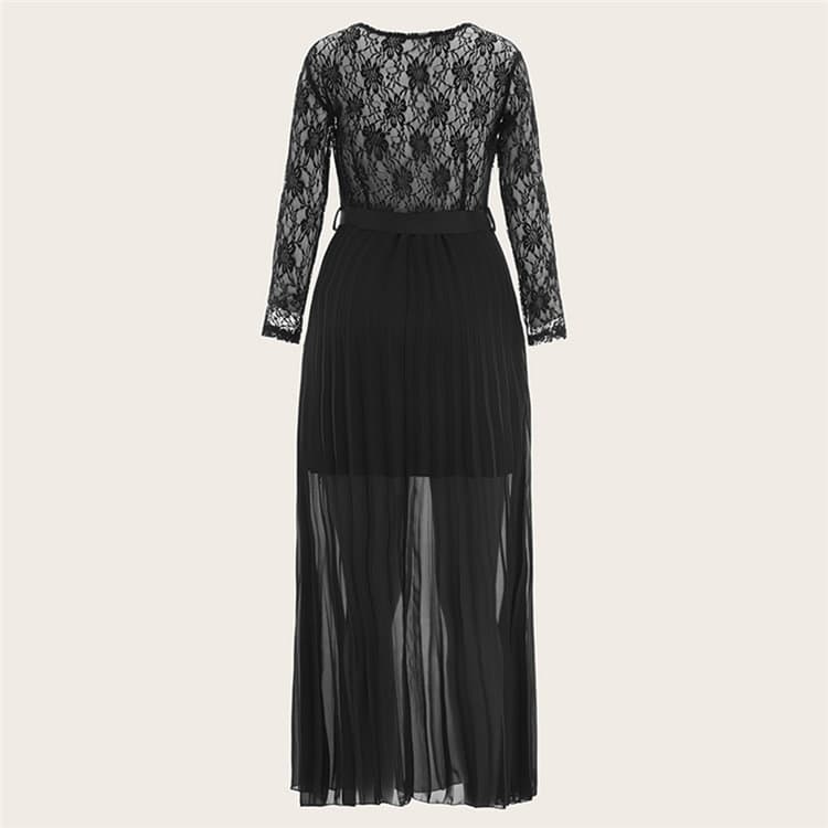 Lace Panel Plisse Hem Belted Dress