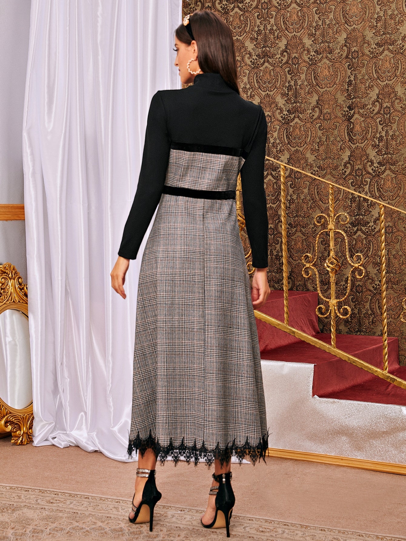 Contrast Panel Plaid A-line Dress
