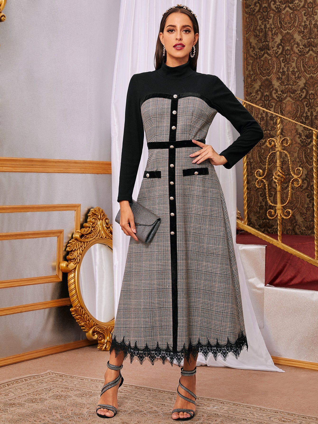 Contrast Panel Plaid A-line Dress