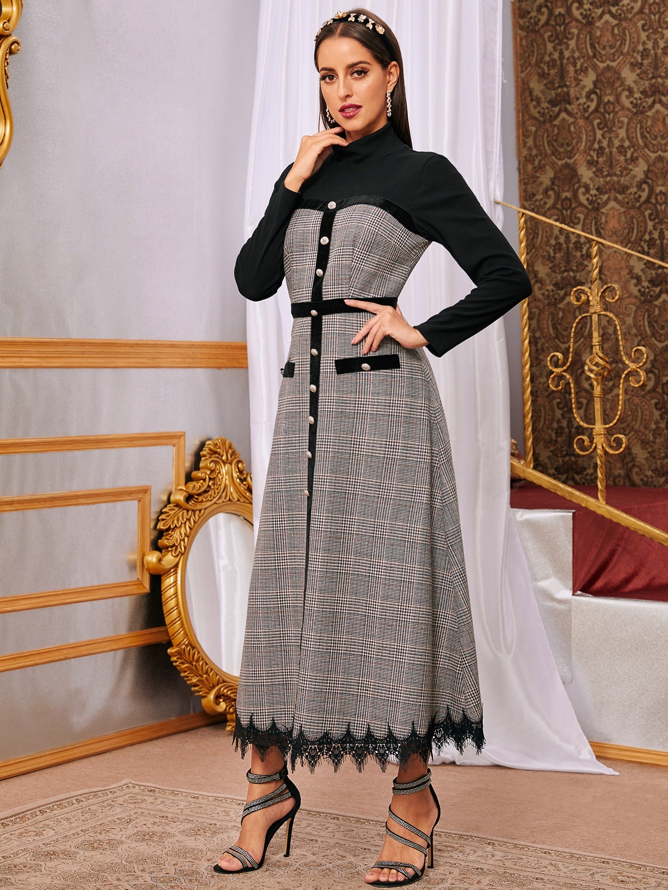 Contrast Panel Plaid A-line Dress