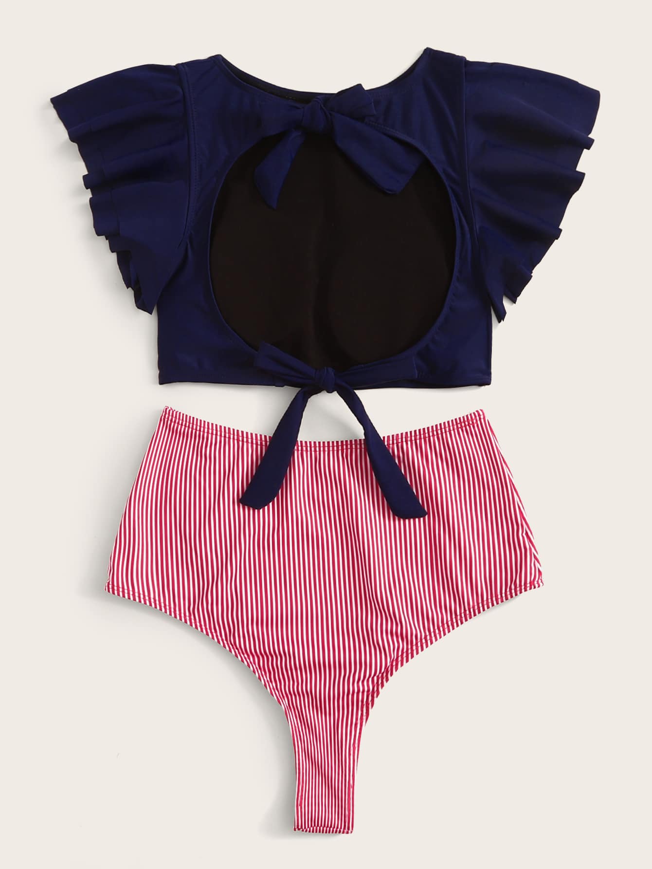 Ruffle Trim Top With Striped High Waist 2piece Swim