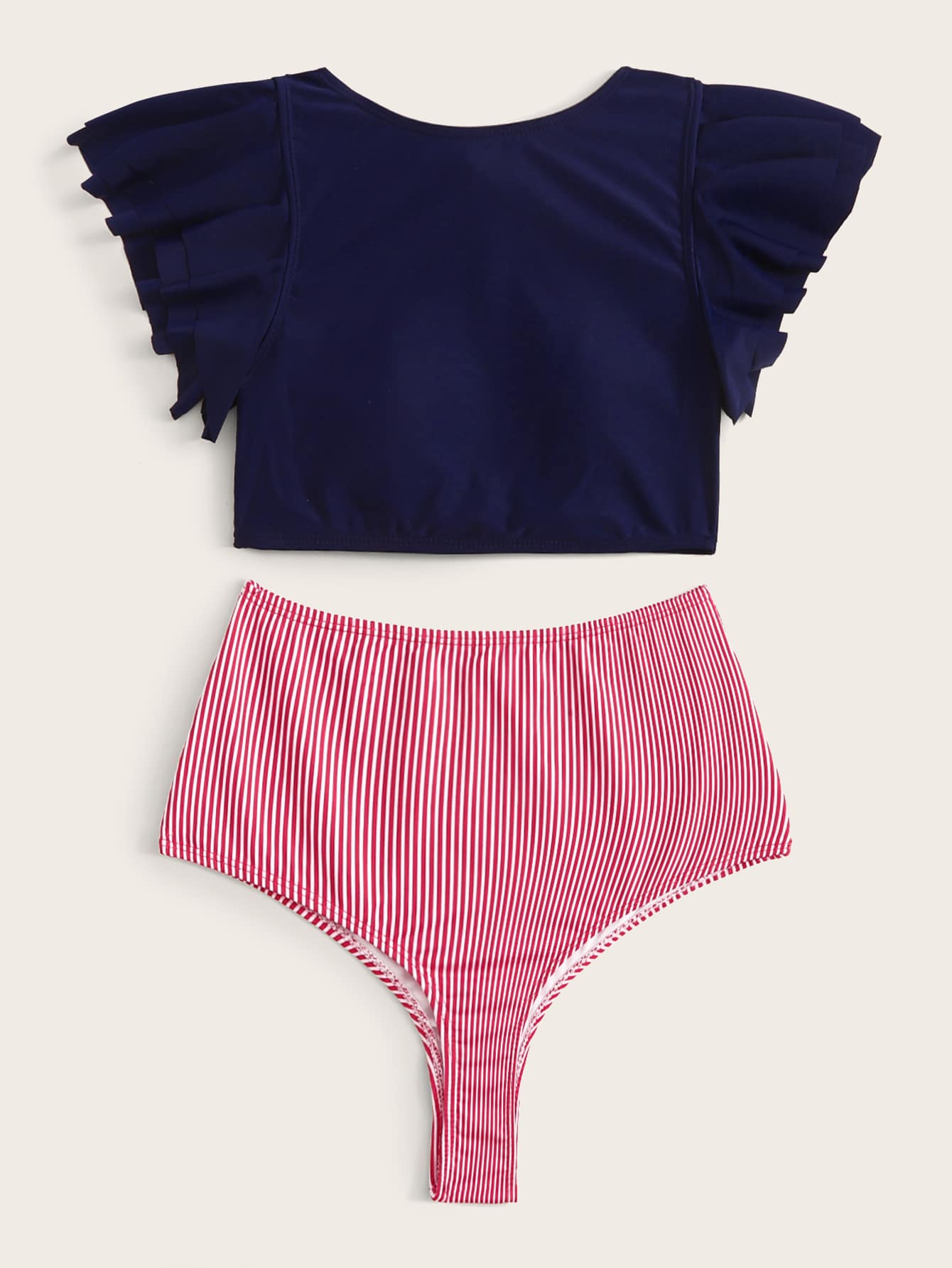 Ruffle Trim Top With Striped High Waist 2piece Swim
