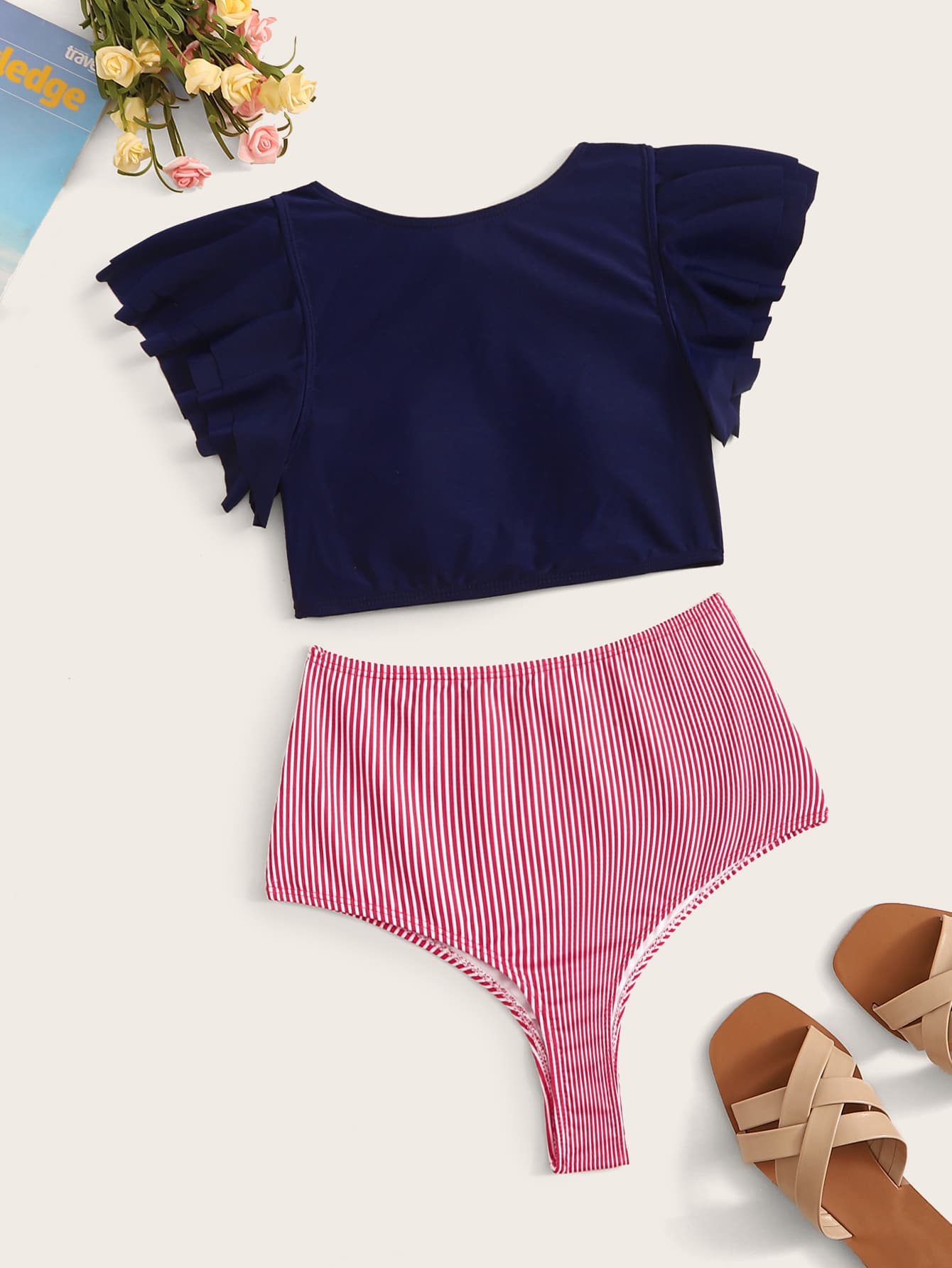 Ruffle Trim Top With Striped High Waist 2piece Swim