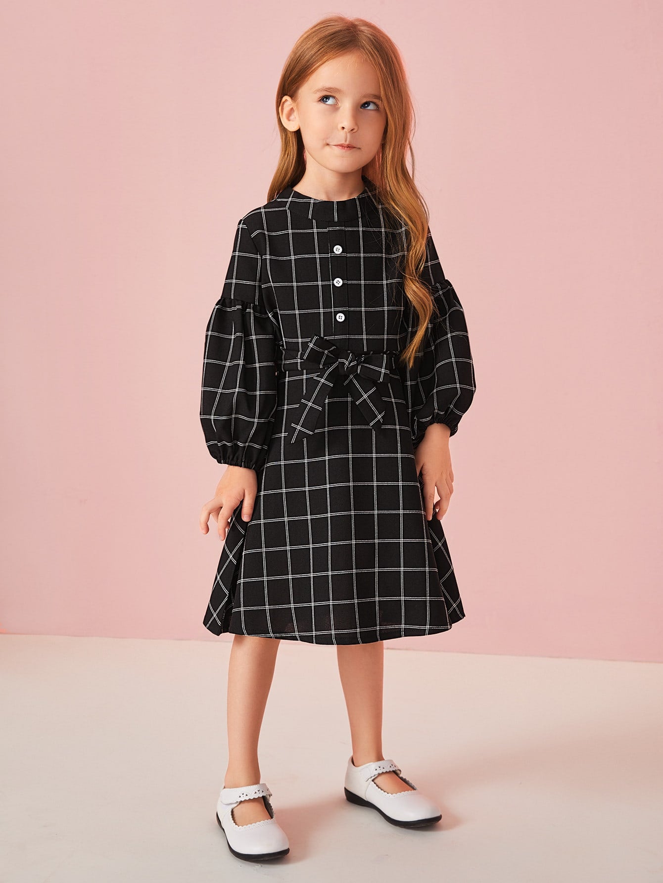 Toddler Girls Bishop Sleeve Self Tie Plaid Dress