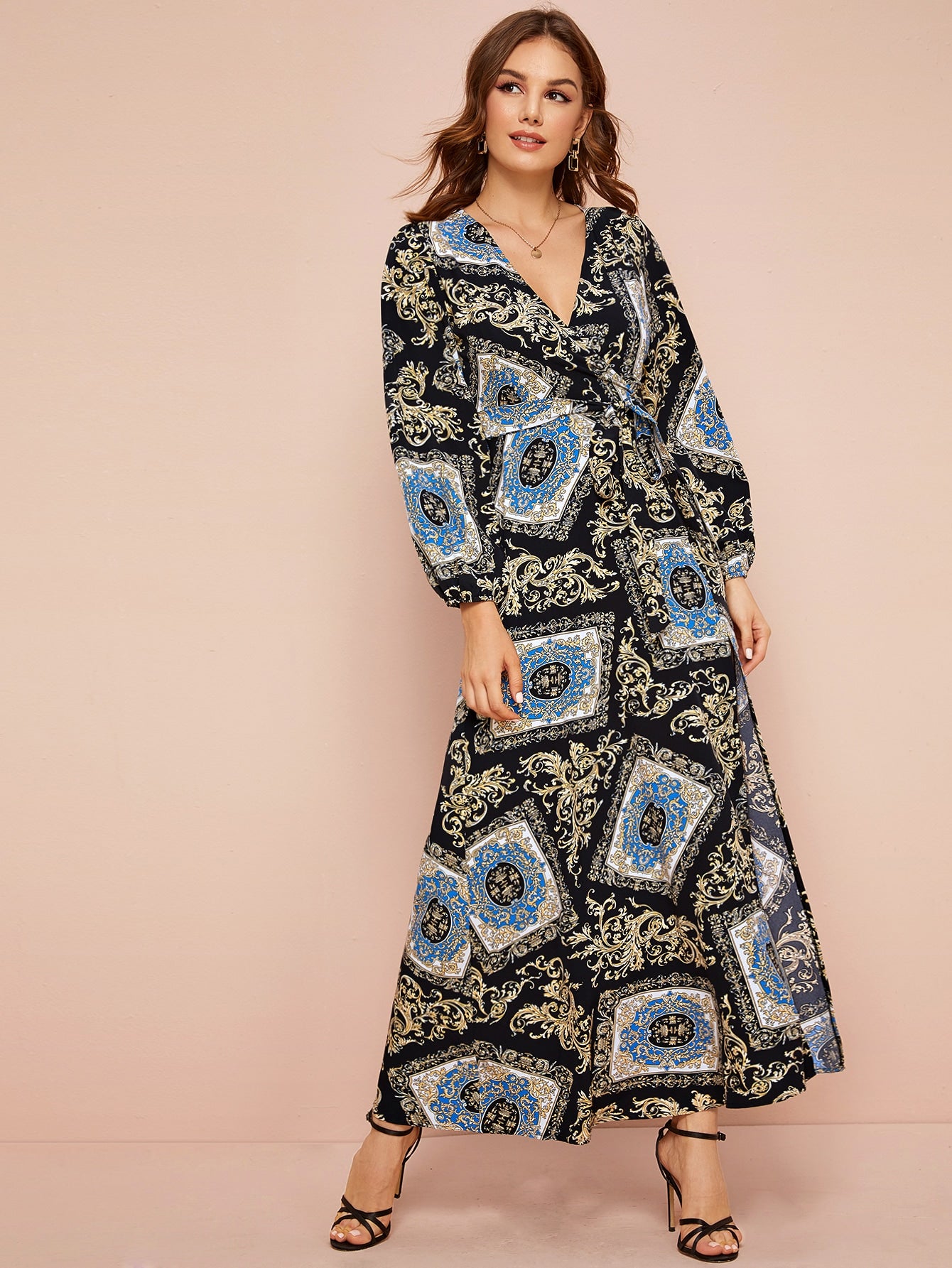 Scarf Print Tie Waist Split Thigh Dress